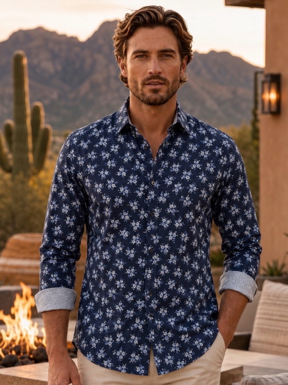 NWT QUIETI Men’s XXL Navy Blue Floral Button Up Shirt Cotton Lyocell